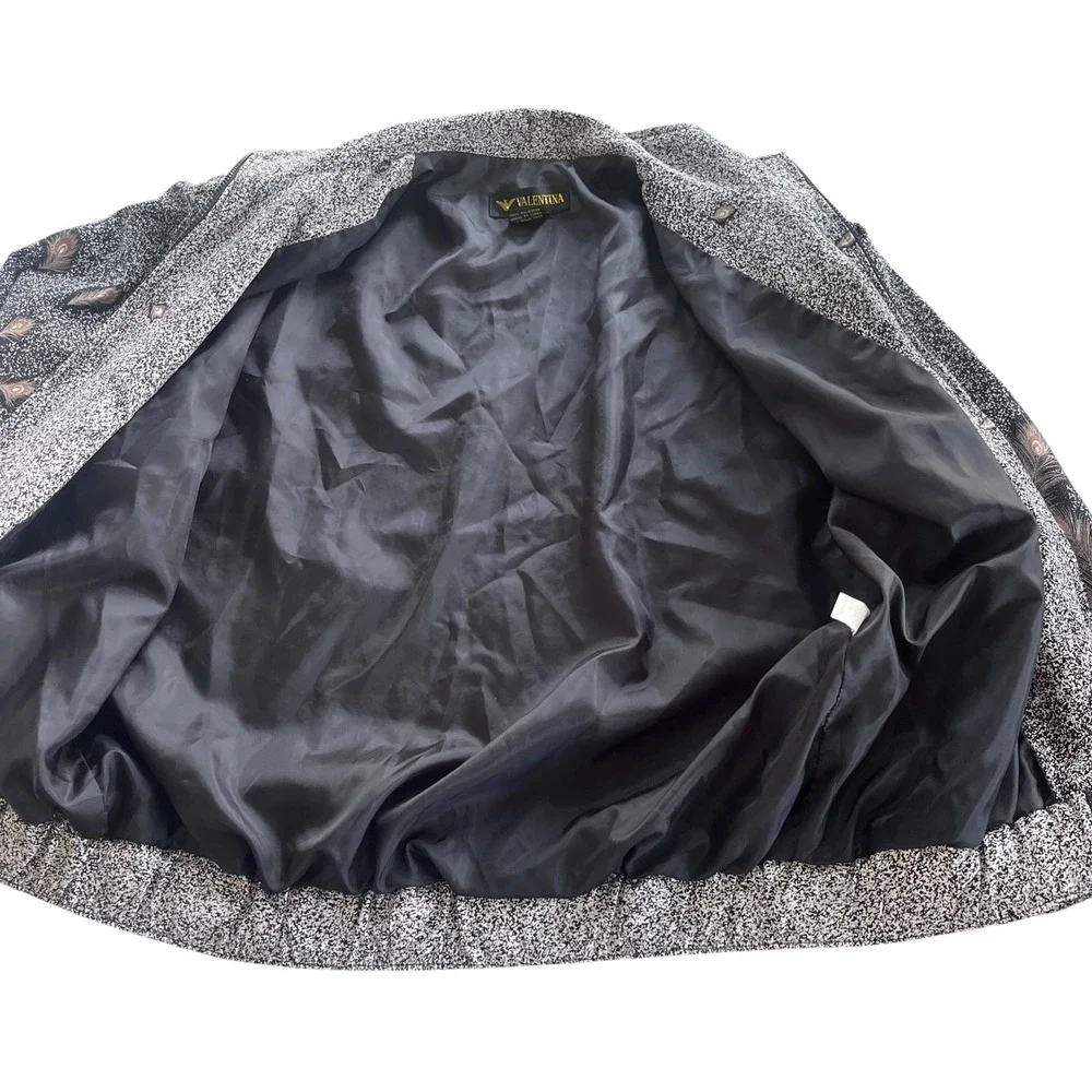 Valentina OS Black Tan Metallic, Peacock Ostrich Feather Print Bomber Jacket VTG